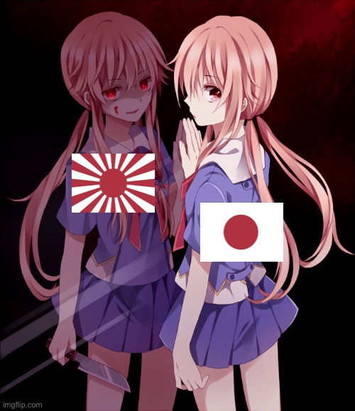 Japan’s got a dark secret | image tagged in yuno split personality,japan,dark secret,dark | made w/ Imgflip meme maker