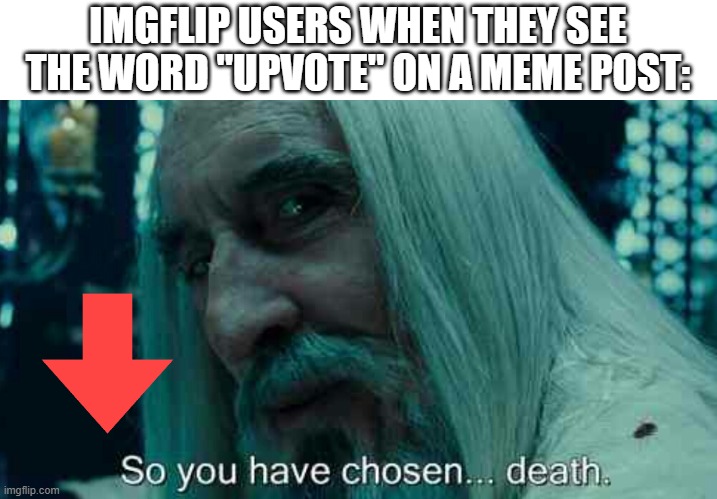 Downvoted | IMGFLIP USERS WHEN THEY SEE THE WORD "UPVOTE" ON A MEME POST: | image tagged in so you have chosen death,upvote begging,memes,lord of the rings | made w/ Imgflip meme maker