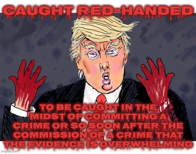 CAUGHT RED-HANDED | CAUGHT RED-HANDED; TO BE CAUGHT IN THE MIDST OF COMMITTING A CRIME OR SO SOON AFTER THE COMMISSION OF A CRIME THAT THE EVIDENCE IS OVERWHELMING | image tagged in red-handed,crime,evidence,blood on your hands,caught in the act,caught | made w/ Imgflip meme maker