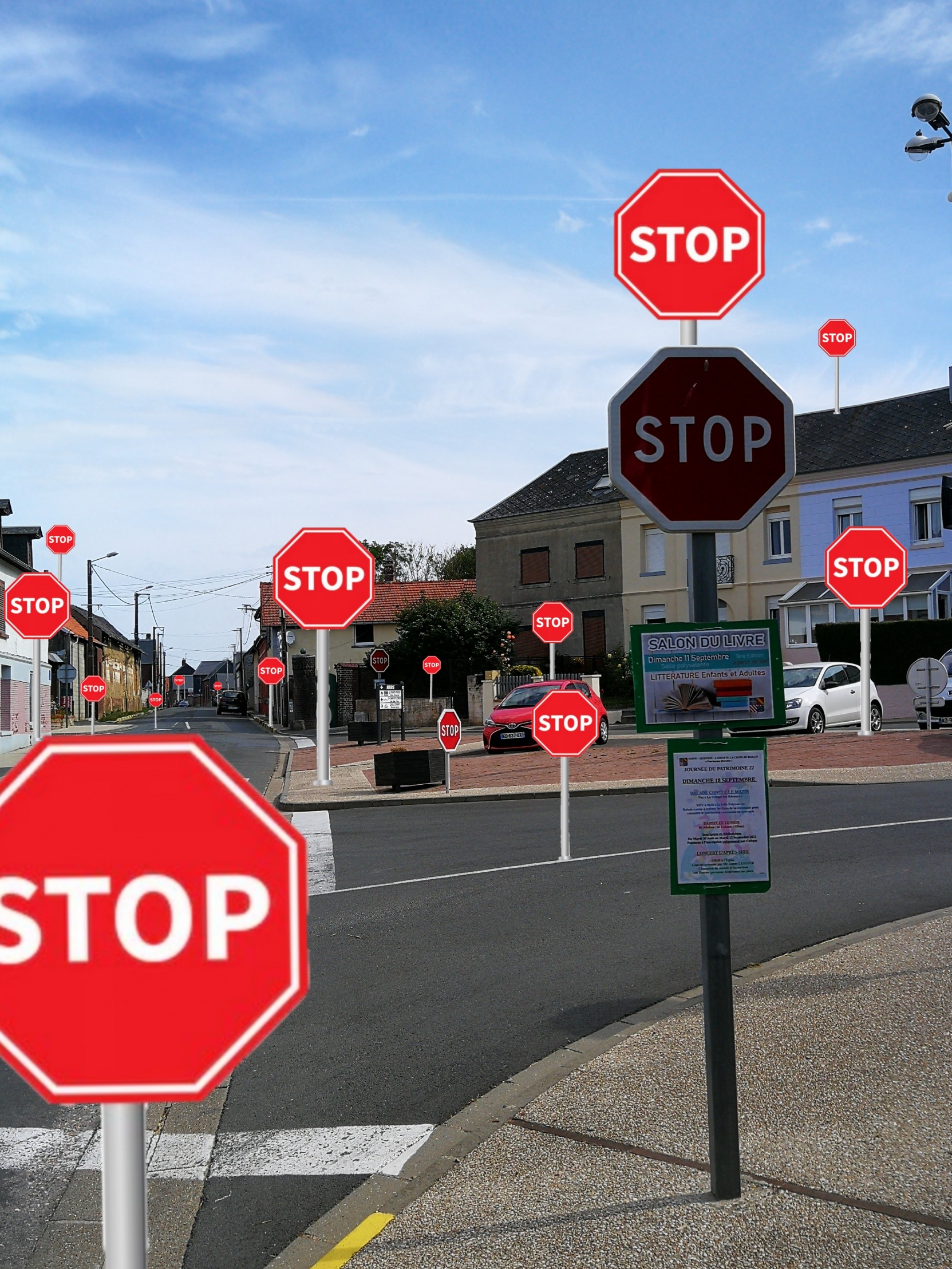 lots of stop signs