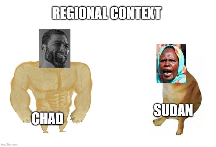 politics | REGIONAL CONTEXT; SUDAN; CHAD | image tagged in buff doge vs crying cheems | made w/ Imgflip meme maker