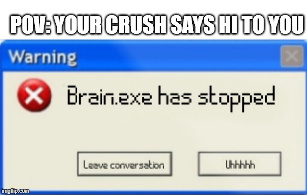 Brain.exe has stopped | POV: YOUR CRUSH SAYS HI TO YOU | image tagged in crush | made w/ Imgflip meme maker