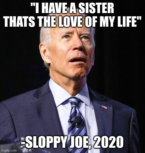 Joe Biden | "I HAVE A SISTER THATS THE LOVE OF MY LIFE" -SLOPPY JOE, 2020 | image tagged in joe biden | made w/ Imgflip meme maker