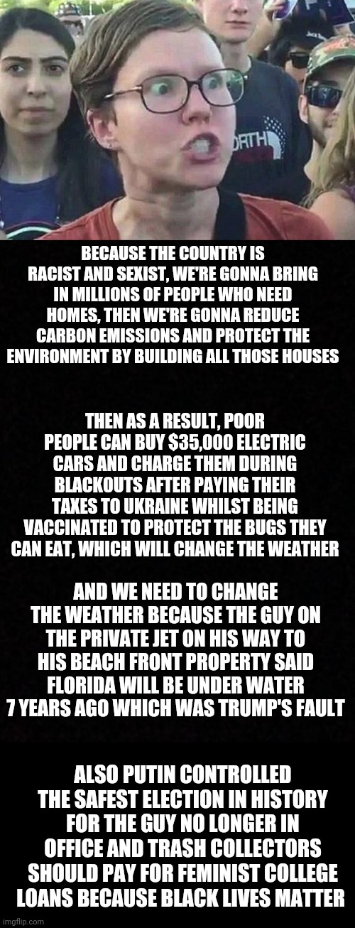 Liberalism in a nutshell | BECAUSE THE COUNTRY IS RACIST AND SEXIST, WE'RE GONNA BRING IN MILLIONS OF PEOPLE WHO NEED HOMES, THEN WE'RE GONNA REDUCE CARBON EMISSIONS AND PROTECT THE ENVIRONMENT BY BUILDING ALL THOSE HOUSES; THEN AS A RESULT, POOR PEOPLE CAN BUY $35,000 ELECTRIC CARS AND CHARGE THEM DURING BLACKOUTS AFTER PAYING THEIR TAXES TO UKRAINE WHILST BEING VACCINATED TO PROTECT THE BUGS THEY CAN EAT, WHICH WILL CHANGE THE WEATHER; AND WE NEED TO CHANGE THE WEATHER BECAUSE THE GUY ON THE PRIVATE JET ON HIS WAY TO HIS BEACH FRONT PROPERTY SAID FLORIDA WILL BE UNDER WATER 7 YEARS AGO WHICH WAS TRUMP'S FAULT; ALSO PUTIN CONTROLLED THE SAFEST ELECTION IN HISTORY FOR THE GUY NO LONGER IN OFFICE AND TRASH COLLECTORS SHOULD PAY FOR FEMINIST COLLEGE LOANS BECAUSE BLACK LIVES MATTER | image tagged in triggered liberal,blank | made w/ Imgflip meme maker