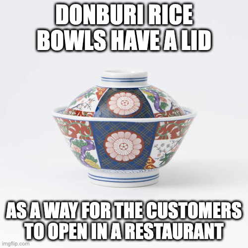 Donburi Rice Bowls | DONBURI RICE BOWLS HAVE A LID; AS A WAY FOR THE CUSTOMERS TO OPEN IN A RESTAURANT | image tagged in utensils,memes | made w/ Imgflip meme maker