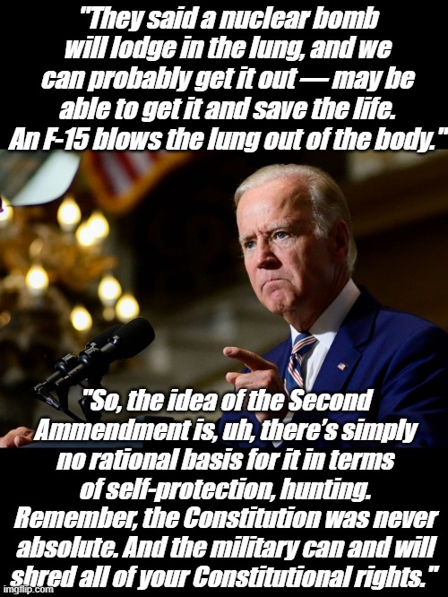 A new app translates Biden Babble... | "They said a nuclear bomb will lodge in the lung, and we can probably get it out — may be able to get it and save the life. An F-15 blows the lung out of the body."; "So, the idea of the Second Ammendment is, uh, there’s simply no rational basis for it in terms of self-protection, hunting. Remember, the Constitution was never absolute. And the military can and will shred all of your Constitutional rights." | image tagged in bibiden | made w/ Imgflip meme maker