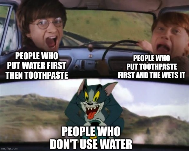 which one are you? | PEOPLE WHO PUT TOOTHPASTE FIRST AND THE WETS IT; PEOPLE WHO PUT WATER FIRST THEN TOOTHPASTE; PEOPLE WHO DON'T USE WATER | image tagged in tom chasing harry and ron weasly | made w/ Imgflip meme maker