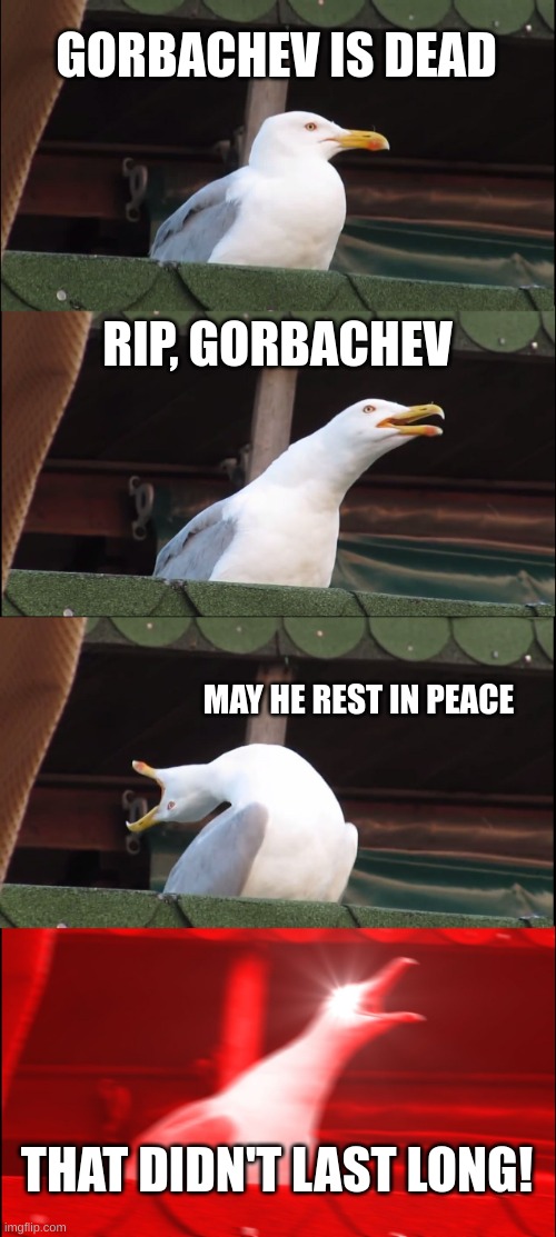 RIP Gorbachev | GORBACHEV IS DEAD; RIP, GORBACHEV; MAY HE REST IN PEACE; THAT DIDN'T LAST LONG! | image tagged in memes,inhaling seagull,russia,soviet | made w/ Imgflip meme maker
