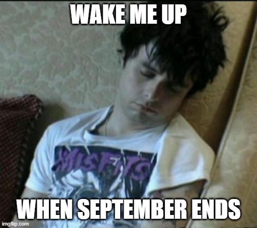 Billie Joe Armstrong Sleeping | WAKE ME UP; WHEN SEPTEMBER ENDS | image tagged in billie joe armstrong sleeping | made w/ Imgflip meme maker