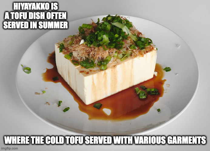 Hiyayakko | HIYAYAKKO IS A TOFU DISH OFTEN SERVED IN SUMMER; WHERE THE COLD TOFU SERVED WITH VARIOUS GARMENTS | image tagged in tofu,food,memes | made w/ Imgflip meme maker