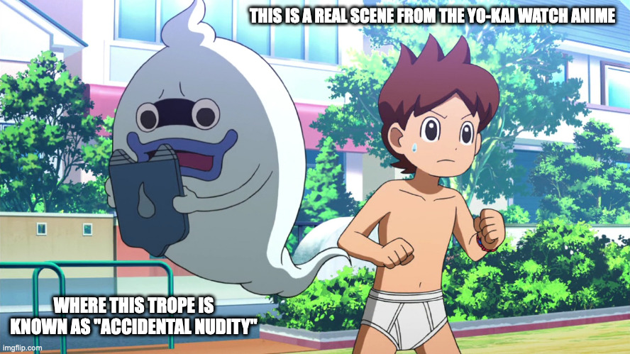 Nathan In His Underwear | THIS IS A REAL SCENE FROM THE YO-KAI WATCH ANIME; WHERE THIS TROPE IS KNOWN AS "ACCIDENTAL NUDITY" | image tagged in nathan adams,keita amano,memes,anime | made w/ Imgflip meme maker