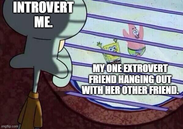 Squidward window | INTROVERT ME. MY ONE EXTROVERT FRIEND HANGING OUT WITH HER OTHER FRIEND. | image tagged in squidward window | made w/ Imgflip meme maker