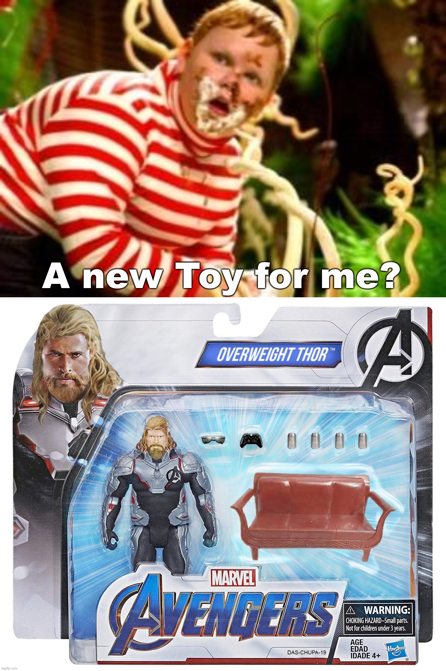 A new Toy for me? | image tagged in fat kid eating candy,fake | made w/ Imgflip meme maker