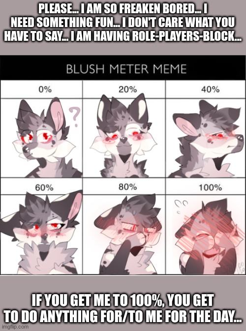 SO FLOOFING BORED!!! | PLEASE... I AM SO FREAKEN BORED... I NEED SOMETHING FUN... I DON'T CARE WHAT YOU HAVE TO SAY... I AM HAVING ROLE-PLAYERS-BLOCK... IF YOU GET ME TO 100%, YOU GET TO DO ANYTHING FOR/TO ME FOR THE DAY... | image tagged in furry blush meter | made w/ Imgflip meme maker