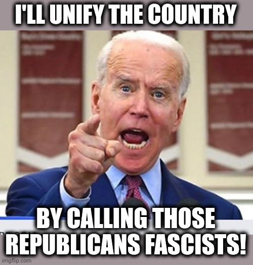 Joe Biden no malarkey | I'LL UNIFY THE COUNTRY BY CALLING THOSE REPUBLICANS FASCISTS! | image tagged in joe biden no malarkey | made w/ Imgflip meme maker