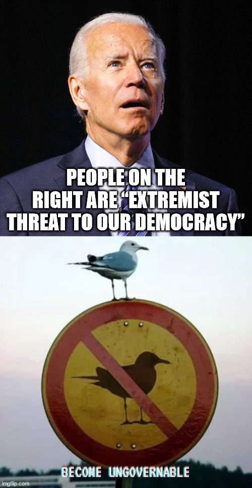 Do not give up the fight and go against the leftist insanity. | PEOPLE ON THE RIGHT ARE “EXTREMIST THREAT TO OUR DEMOCRACY” | image tagged in joe biden,political meme | made w/ Imgflip meme maker
