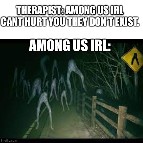 Among us irl | THERAPIST: AMONG US IRL CANT HURT YOU THEY DON’T EXIST. AMONG US IRL: | image tagged in among us,in real life,therapist | made w/ Imgflip meme maker