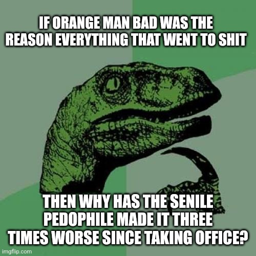 Philosoraptor |  IF ORANGE MAN BAD WAS THE REASON EVERYTHING THAT WENT TO SHIT; THEN WHY HAS THE SENILE PEDOPHILE MADE IT THREE TIMES WORSE SINCE TAKING OFFICE? | image tagged in memes,philosoraptor | made w/ Imgflip meme maker