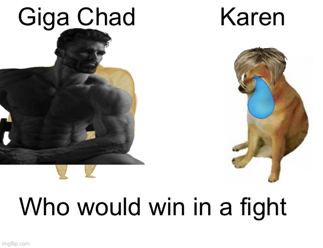 Karen vs Giga Chad | Giga Chad; Karen; Who would win in a fight | image tagged in giga chad,karen | made w/ Imgflip meme maker