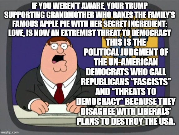 Pretty much, yes.  Welcome to wide full open Cultural Marxism and political authoritarianism. | IF YOU WEREN'T AWARE, YOUR TRUMP SUPPORTING GRANDMOTHER WHO BAKES THE FAMILY'S FAMOUS APPLE PIE WITH HER SECRET INGREDIENT: LOVE, IS NOW AN EXTREMIST THREAT TO DEMOCRACY; THIS IS THE POLITICAL JUDGMENT OF THE UN-AMERICAN DEMOCRATS WHO CALL REPUBLICANS “FASCISTS” AND “THREATS TO DEMOCRACY” BECAUSE THEY DISAGREE WITH LIBERALS’ PLANS TO DESTROY THE USA. | image tagged in peter griffin news | made w/ Imgflip meme maker