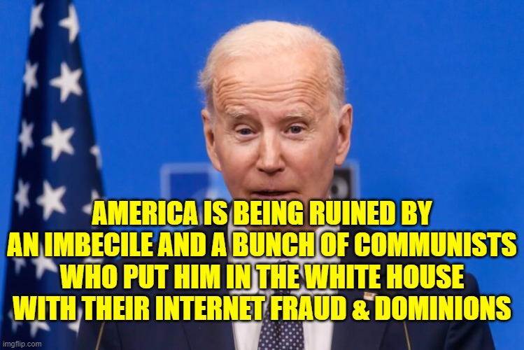 AMERICA IS BEING RUINED BY AN IMBECILE AND A BUNCH OF COMMUNISTS WHO PUT HIM IN THE WHITE HOUSE WITH THEIR INTERNET FRAUD & DOMINIONS | made w/ Imgflip meme maker