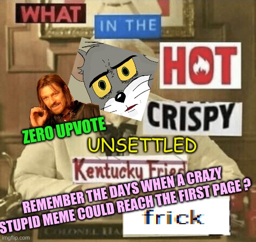 I miss old imgflip | ZERO UPVOTE; UNSETTLED; REMEMBER THE DAYS WHEN A CRAZY STUPID MEME COULD REACH THE FIRST PAGE ? | image tagged in one does not simply,what in the hot crispy kentucky fried frick,pepperidge farms remembers,unsettled tom,bad photoshop | made w/ Imgflip meme maker