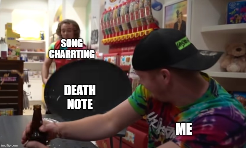 fnf meme | SONG CHARRTING; DEATH NOTE; ME | image tagged in waiter | made w/ Imgflip meme maker