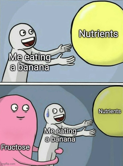 Fructose = The sugar inside fruit | Nutrients; Me eating a banana; Nutrients; Me eating a banana; Fructose | image tagged in memes,running away balloon | made w/ Imgflip meme maker