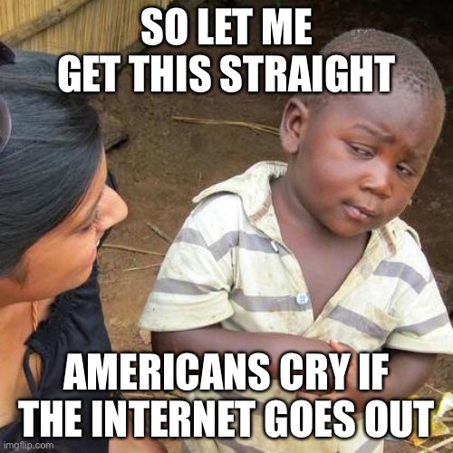 Internet mems | SO LET ME GET THIS STRAIGHT; AMERICANS CRY IF THE INTERNET GOES OUT | image tagged in memes,third world skeptical kid | made w/ Imgflip meme maker