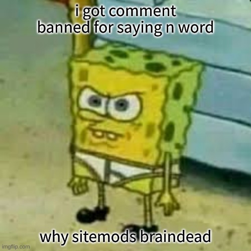 /j | i got comment banned for saying n word; why sitemods braindead | image tagged in memes,funny,spongebob in underwear,/j,sitemods,n word | made w/ Imgflip meme maker