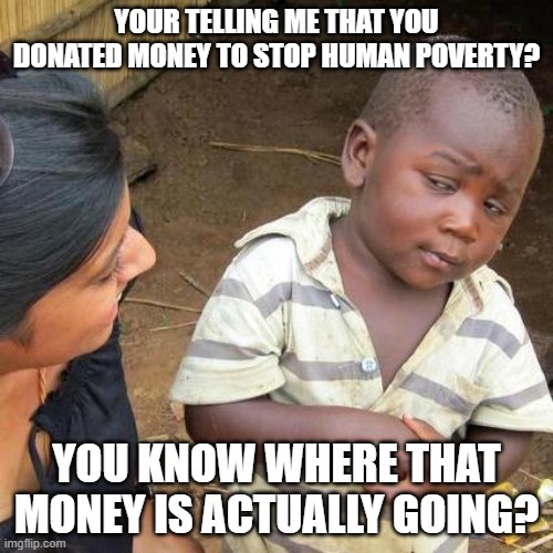 Well? | YOUR TELLING ME THAT YOU DONATED MONEY TO STOP HUMAN POVERTY? YOU KNOW WHERE THAT MONEY IS ACTUALLY GOING? | image tagged in memes,third world skeptical kid | made w/ Imgflip meme maker