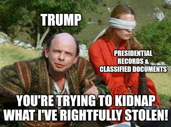 Trump's Legal Sicilian Defense | TRUMP; PRESIDENTIAL RECORDS & CLASSIFIED DOCUMENTS; YOU'RE TRYING TO KIDNAP WHAT I'VE RIGHTFULLY STOLEN! | image tagged in vezzini the sicilian,trump | made w/ Imgflip meme maker