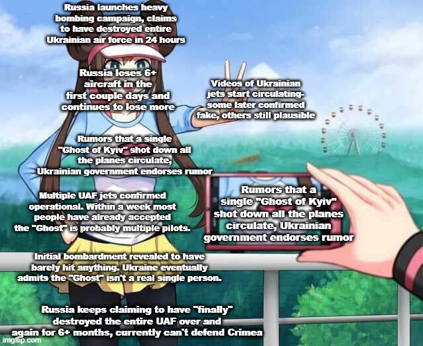 'b-but Ukraine lied about the ghost of kyiv" | Russia launches heavy bombing campaign, claims to have destroyed entire Ukrainian air force in 24 hours; Russia loses 6+ aircraft in the first couple days and continues to lose more; Videos of Ukrainian jets start circulating- some later confirmed fake, others still plausible; Rumors that a single "Ghost of Kyiv" shot down all the planes circulate, Ukrainian government endorses rumor; Rumors that a single "Ghost of Kyiv" shot down all the planes circulate, Ukrainian government endorses rumor; Multiple UAF jets confirmed operational. Within a week most people have already accepted the "Ghost" is probably multiple pilots. Initial bombardment revealed to have barely hit anything. Ukraine eventually admits the "Ghost" isn't a real single person. Russia keeps claiming to have "finally" destroyed the entire UAF over and again for 6+ months, currently can't defend Crimea | image tagged in pokemon rosa,ukraine,russia | made w/ Imgflip meme maker