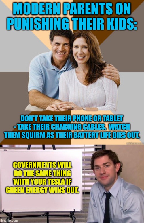 MODERN PARENTS ON PUNISHING THEIR KIDS:; DON'T TAKE THEIR PHONE OR TABLET - TAKE THEIR CHARGING CABLES.  WATCH THEM SQUIRM AS THEIR BATTERY LIFE DIES OUT. GOVERNMENTS WILL DO THE SAME THING WITH YOUR TESLA IF GREEN ENERGY WINS OUT. | image tagged in scumbag parents,jim halpert explains | made w/ Imgflip meme maker