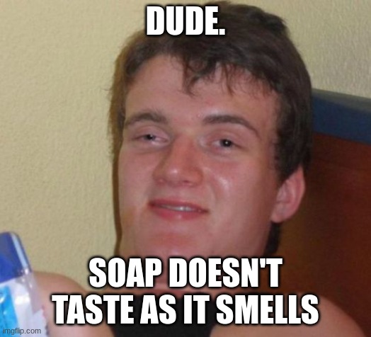 10 Guy Meme | DUDE. SOAP DOESN'T TASTE AS IT SMELLS | image tagged in memes,10 guy | made w/ Imgflip meme maker