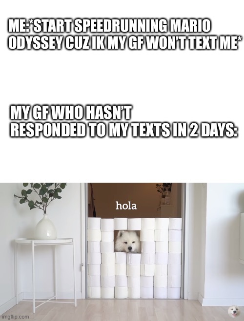 ME:*START SPEEDRUNNING MARIO ODYSSEY CUZ IK MY GF WON’T TEXT ME*; MY GF WHO HASN’T RESPONDED TO MY TEXTS IN 2 DAYS: | image tagged in blank white template,hola,bruh,memes,mario,funny | made w/ Imgflip meme maker