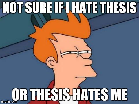 Thesis - the mother of fuck ups | NOT SURE IF I HATE THESIS OR THESIS HATES ME | image tagged in memes,futurama fry,thesis | made w/ Imgflip meme maker