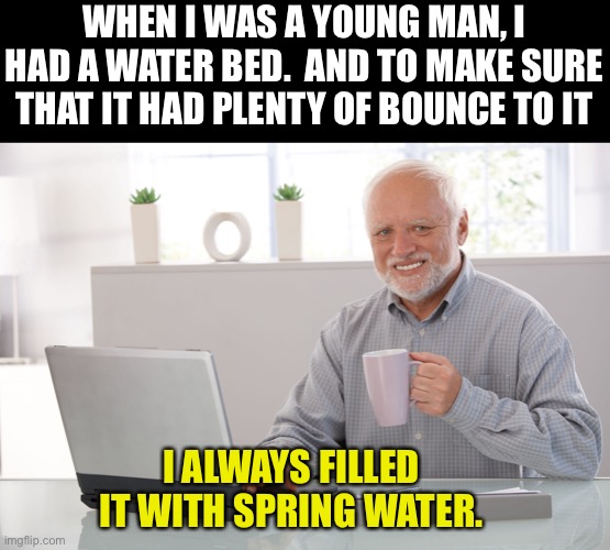 Water bed | WHEN I WAS A YOUNG MAN, I HAD A WATER BED.  AND TO MAKE SURE THAT IT HAD PLENTY OF BOUNCE TO IT; I ALWAYS FILLED IT WITH SPRING WATER. | image tagged in hide the pain harold large | made w/ Imgflip meme maker