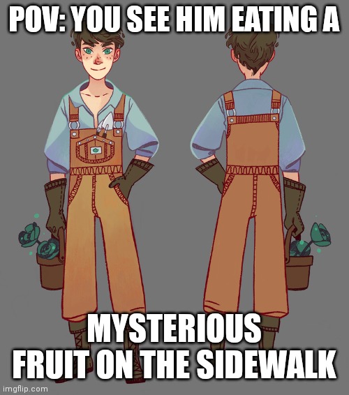 POV: YOU SEE HIM EATING A; MYSTERIOUS FRUIT ON THE SIDEWALK | image tagged in random tag i decided to put,another random tag i decided to put | made w/ Imgflip meme maker