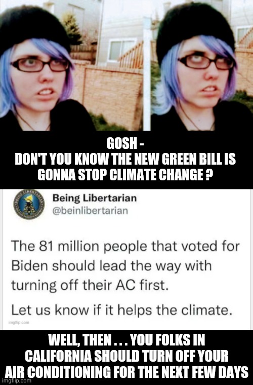 It's Not Easy, Being Green |  GOSH -
DON'T YOU KNOW THE NEW GREEN BILL IS GONNA STOP CLIMATE CHANGE ? WELL, THEN . . . YOU FOLKS IN CALIFORNIA SHOULD TURN OFF YOUR AIR CONDITIONING FOR THE NEXT FEW DAYS | image tagged in liberals,leftists,democrats,congress,green,labor day | made w/ Imgflip meme maker