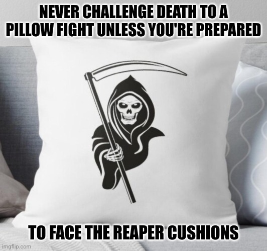 Best of 7?  Damn rrright! | NEVER CHALLENGE DEATH TO A PILLOW FIGHT UNLESS YOU'RE PREPARED; TO FACE THE REAPER CUSHIONS | image tagged in memes,fun,puns | made w/ Imgflip meme maker