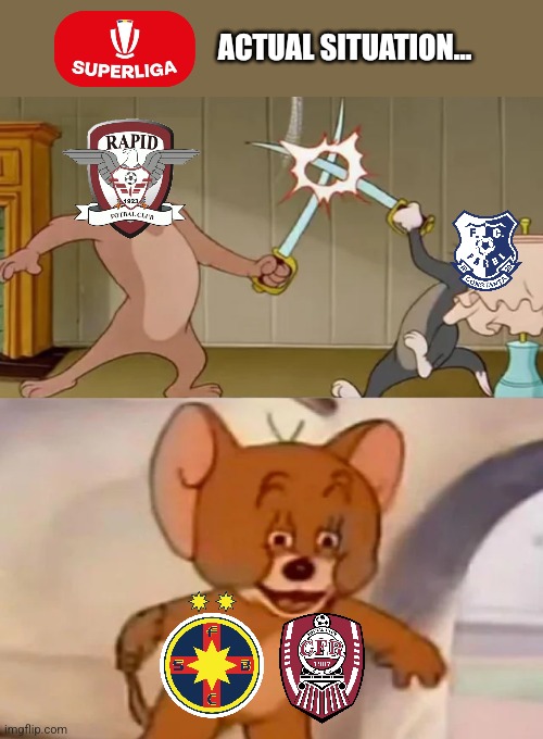 Romanian SuperLiga 2022-2023 situation | ACTUAL SITUATION... | image tagged in tom and spike fighting,cfr cluj,fcsb,futbol,romania,memes | made w/ Imgflip meme maker