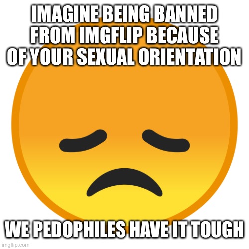 sad emoji | IMAGINE BEING BANNED FROM IMGFLIP BECAUSE OF YOUR SEXUAL ORIENTATION; WE PEDOPHILES HAVE IT TOUGH | image tagged in sad emoji | made w/ Imgflip meme maker