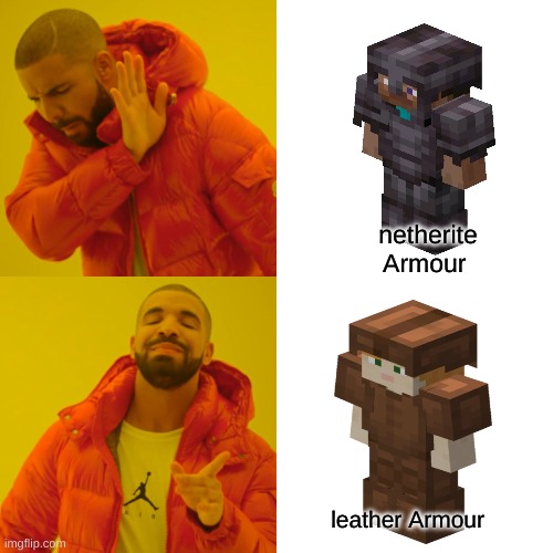 This is so true you need to upvote | netherite Armour; leather Armour | image tagged in memes,drake hotline bling | made w/ Imgflip meme maker