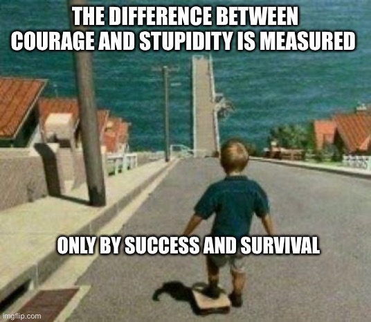 No fooling | THE DIFFERENCE BETWEEN COURAGE AND STUPIDITY IS MEASURED; ONLY BY SUCCESS AND SURVIVAL | image tagged in funny memes | made w/ Imgflip meme maker