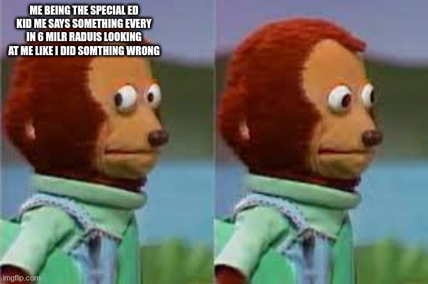 the pain | ME BEING THE SPECIAL ED KID ME SAYS SOMETHING EVERY IN 6 MILE RADIUS LOOKING AT ME LIKE I DID SOMETHING WRONG | image tagged in monkey puppet,special education | made w/ Imgflip meme maker