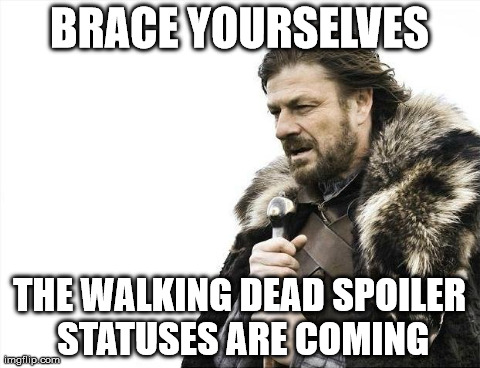 Brace Yourselves X is Coming | BRACE YOURSELVES THE WALKING DEAD SPOILER STATUSES ARE COMING | image tagged in memes,brace yourselves x is coming | made w/ Imgflip meme maker