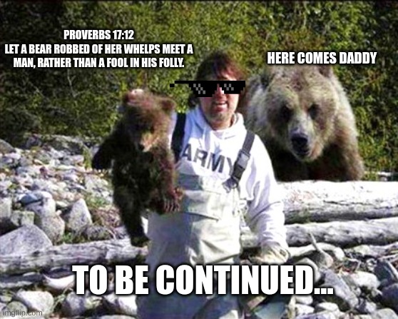 PROVERBS 17:12
LET A BEAR ROBBED OF HER WHELPS MEET A MAN, RATHER THAN A FOOL IN HIS FOLLY. HERE COMES DADDY; TO BE CONTINUED... | image tagged in proverb | made w/ Imgflip meme maker