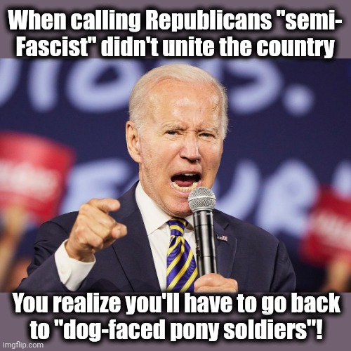 There's no way this turd can be our president.  What an idiot! | When calling Republicans "semi-
Fascist" didn't unite the country; You realize you'll have to go back
to "dog-faced pony soldiers"! | image tagged in memes,joe biden,democrats,republicans,fascists,lies | made w/ Imgflip meme maker