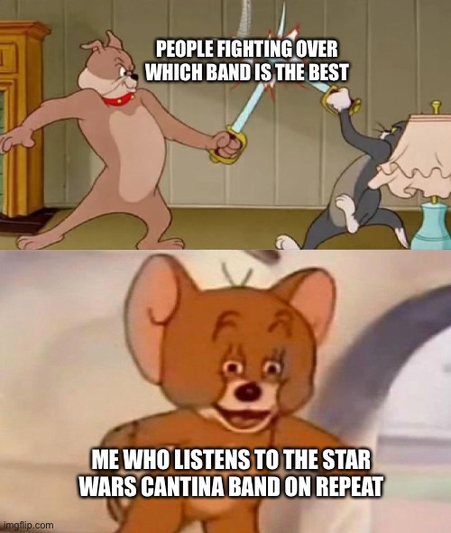 The only thing everyone can agree on | PEOPLE FIGHTING OVER WHICH BAND IS THE BEST; ME WHO LISTENS TO THE STAR WARS CANTINA BAND ON REPEAT | image tagged in tom and jerry swordfight,star wars,music | made w/ Imgflip meme maker